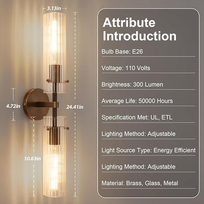 Brass Bronze 2-Light Knurled Wall Sconce, Dual-Head Vanity Lamp Set of Two with Vertical Striped Glass Tube, Bathroom Wall Sconces, Wall Lights for Living Room Bedroom Hallway Kitchen Bathroom Mirror