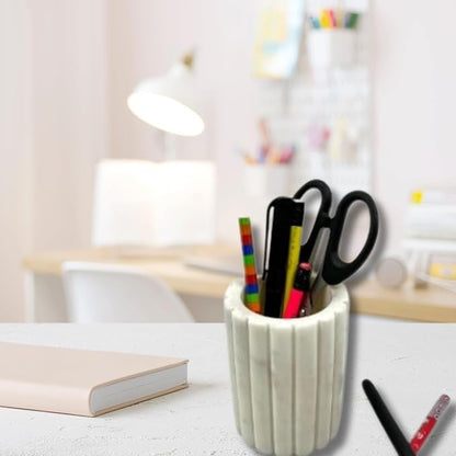 Décor Envogue Natural Scalloped White Marble SPA Collection Tumbler Toothbrush Holder Marble Pencil Pen Holder Stand for Desk, Makeup Brush Cup for Girls, Bathroom Tumbler Cup, Durable Office & Home