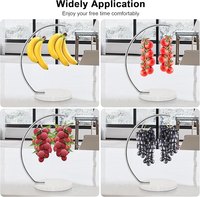 Livabber Banana Holder with Marble Base, Metal Banana Hanger Modern Tree Stand with Hook, Stylish Banana Keeper Fresh Fruit Storage Organizer Freestanding for Kitchen Countertop (Chrome, Double Hook)