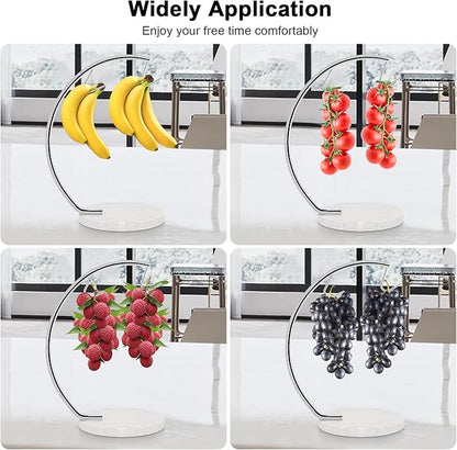 Livabber Banana Holder with Marble Base, Metal Banana Hanger Modern Tree Stand with Hook, Stylish Banana Keeper Fresh Fruit Storage Organizer Freestanding for Kitchen Countertop (Chrome, Double Hook)