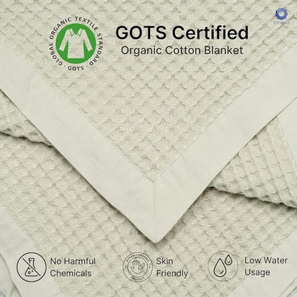 GOTS Certified Organic Cotton Waffle Weave Blanket, Twin Bed, 66"X90"Cozy Throw Blanket for Couch, Modern Home Decor, Throw Blankets, Comfy Waffle Blanket Soft Bed Blankets -Sea Foam