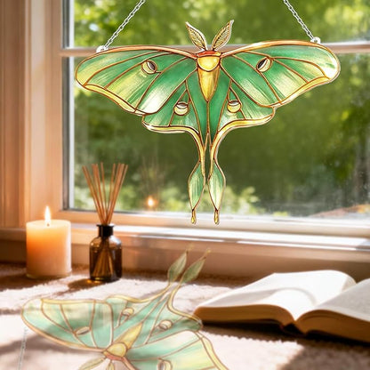 Stained Glass Window Hanging, Luna Moth Suncatcher for Window Decor, Gift for Women Mom Grandma and Art Lover, Ideal Gifts, Elegant Home Decor 5.8x7.3 Inch, Garden, Patio