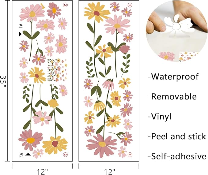 Mfault Floral Theme Wall Decals Stickers, Watercolor Flower Botanical Decorations Bedroom Art, Spring Summer Natural Wildflower Home Living Room Kitchen Decor