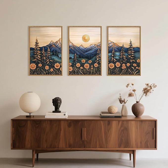 Aryroi Vintage Woodcut Style Mountain Framed Canvas Wall Art Set, Natural Forest Pine Tree Sunflower Wall Decor,Abstract Sunrise Botanical Landscape Artwork for Living Room,Bedroom,Office-24 x36 x3