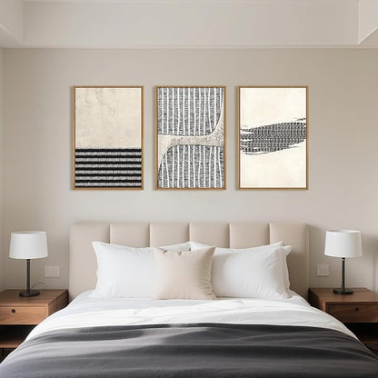 Large Abstract Black and Beige Framed Canvas Wall Art,Minimalist Dots Lines Wall Decor,Modern Geometric Shapes Artwork,Cozy Neutral Art Print for Living Room,Bedroom,Office,Home-16"x24"x3