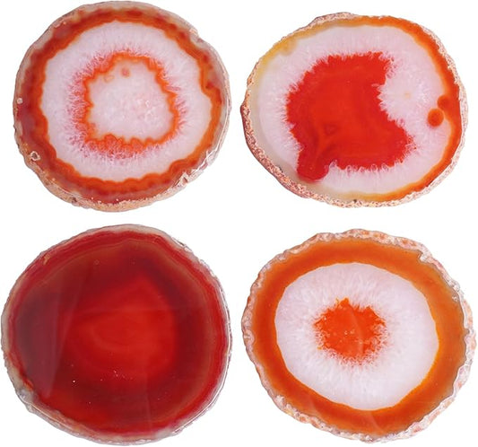 Orange Red Agate Coasters Set of 4 with Rubber Bumpers - Fiery 4-5 Inch Dyed Geode Stone Drink Coasters for Home Bar, Table Decor, Gift