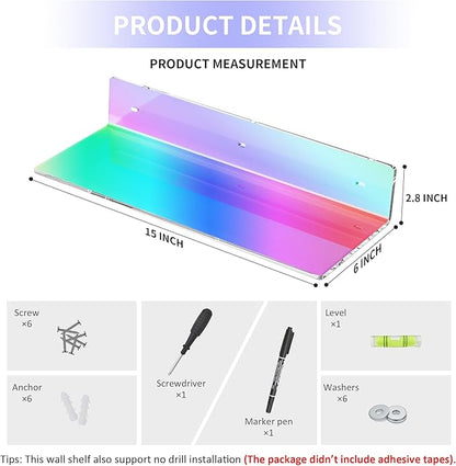 Sezanrpt 2 Pack Iridescent Acrylic Floating Shelves 15 Inches, Wall Hanging Bathroom Shelves, Wall Storage Shelf for Kitchen, Dining Room, Living Room, Bedroom, Bathroom, Retail, Supermarket