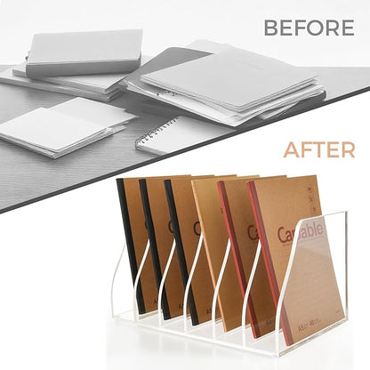 Acrylic Magazine File Holder, 6 Vertical Compartments Desk Document Sorter Organizer, Clear Folder Rack Binder for Office, Documents, Tablets, Magazines, Books – Home/Classroom Rack