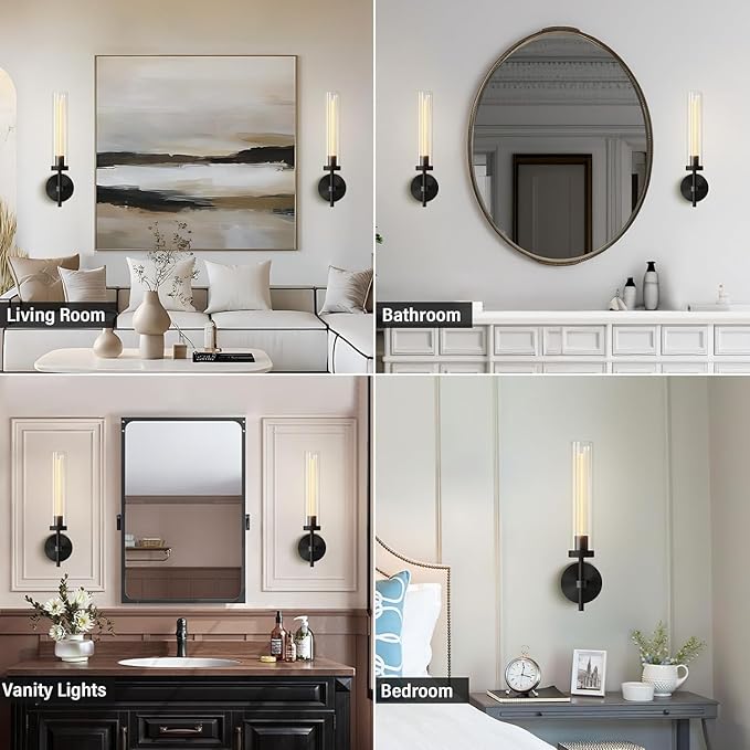 Black Wall Sconces Set of Two, Brass 19.48'' Knurled Texture Wall Light Fixtures, Bathroom Vanity Light Fixtures with Clear Glass, Modern Wall Lamp for Bathroom Living Room Hallway (Bulb Included)