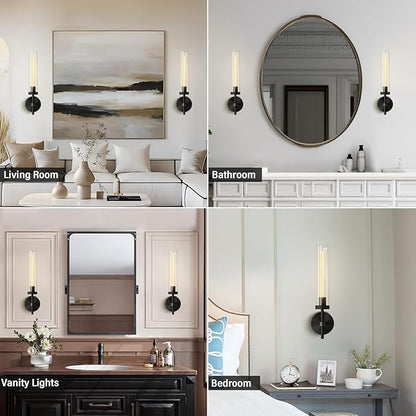 Black Wall Sconces Set of Two, Brass 19.48'' Knurled Texture Wall Light Fixtures, Bathroom Vanity Light Fixtures with Clear Glass, Modern Wall Lamp for Bathroom Living Room Hallway (Bulb Included)