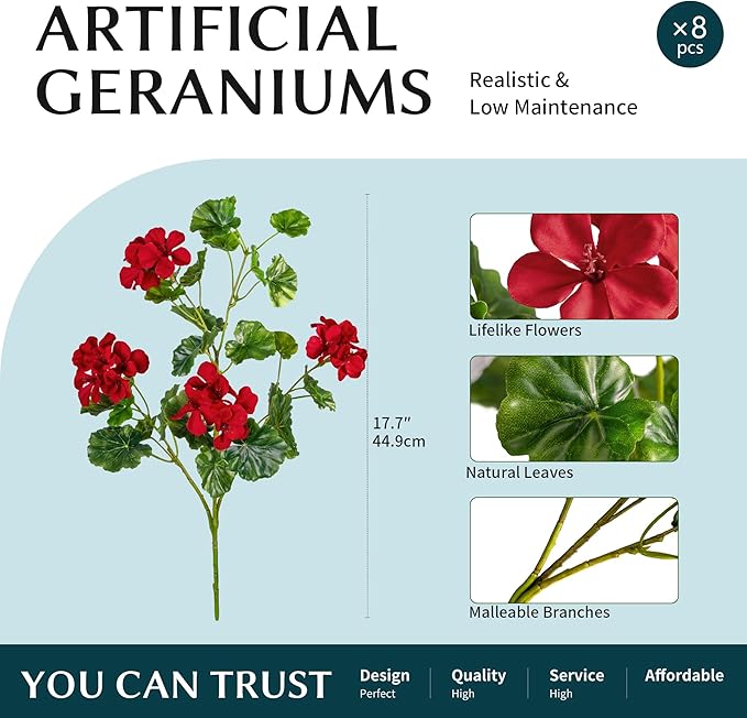 Artificial Flowers for Outdoors 17.7In Artificial Geraniums for Indoor Fake Flowers Uv Resistant Artificial Outdoor Flowers Suitable for Indoor Home Decoration Outdoor Garden Decor 8PCS，Red