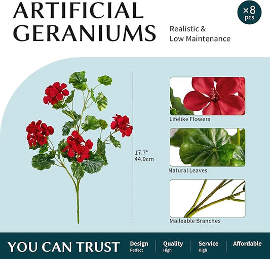 Artificial Flowers for Outdoors 17.7In Artificial Geraniums for Indoor Fake Flowers Uv Resistant Artificial Outdoor Flowers Suitable for Indoor Home Decoration Outdoor Garden Decor 8PCS，Red