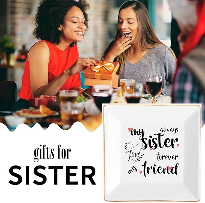 Sisters Gifts from Sister in Law Happy Birthday Gift for Women Funny Big Brother Little Ceramic Small Jewelry Dish Unique Trinket Tray Best Ring Plates Always My Sister, Forever My Friend