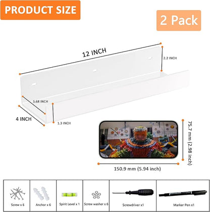 12 Inches White Acrylic Wall Shelves 2 Pack, Acrylic Bookshelf for Wall. Wall Mounting Shelf for Living Room