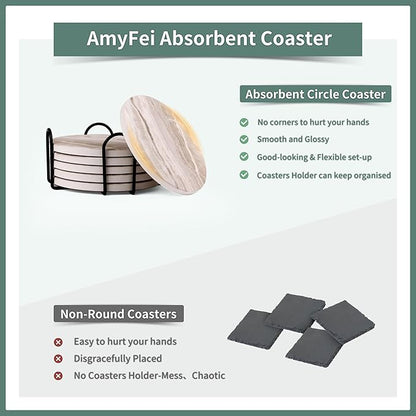 Marble Coasters for Coffee Table, Set of 6 with Holder, Ink&Wash Painting on White Absorbent Ceramic, 4 Inches