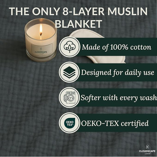Cloud Scape Linen Extra Large 8 Layer Muslin Throw Blanket - 100% Cotton Gauze, Soft and Breathable, Winter Blanket for Couch, Sofa and Bed, Idea, 50x70, Dark Grey