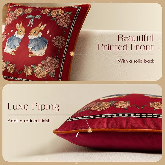 Easter Bunny Floral Red Pillow Cover Decorations, Velvet Euro Sham Covers Decorative Throw Pillow Covers 18x18 for Couch Sofa Bed Home Decor