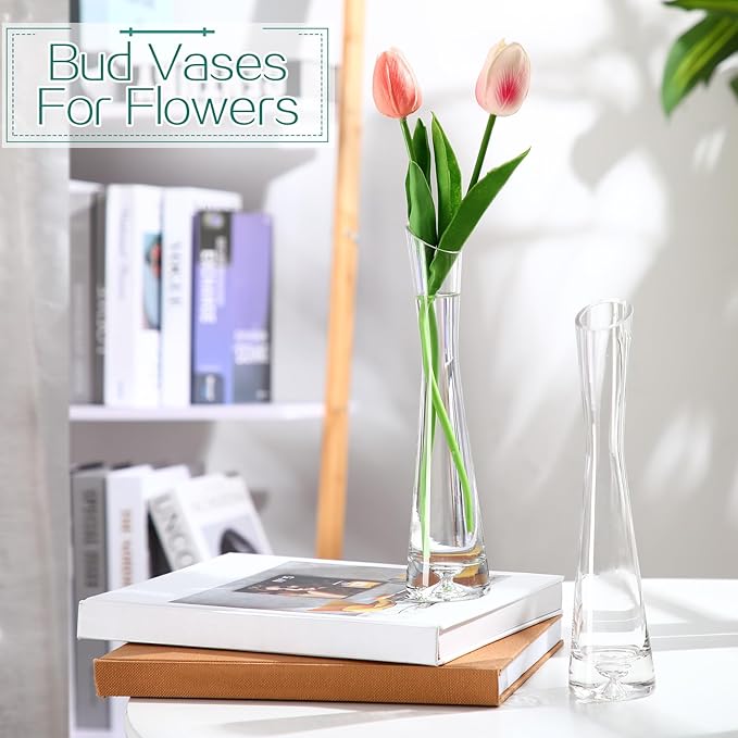 Lallisa 6 Pcs Glass Bud Vases for Centerpieces Maria Modern Clear Small Skinny Decorative Single Flower Bud Vase for Wedding Party Event Home Office Decoration(9.84 Inch,Transparent Color)