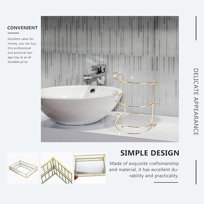 Alloy Frame Glass Jewelry Storage Tray Small Striped Mirror Surface Organizer for Earrings Lipstick Perfume Decorative Dish for Home Vanity and Desktop Tidying
