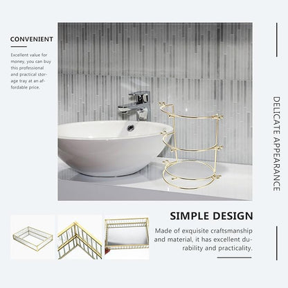 Alloy Frame Glass Jewelry Storage Tray Small Striped Mirror Surface Organizer for Earrings Lipstick Perfume Decorative Dish for Home Vanity and Desktop Tidying