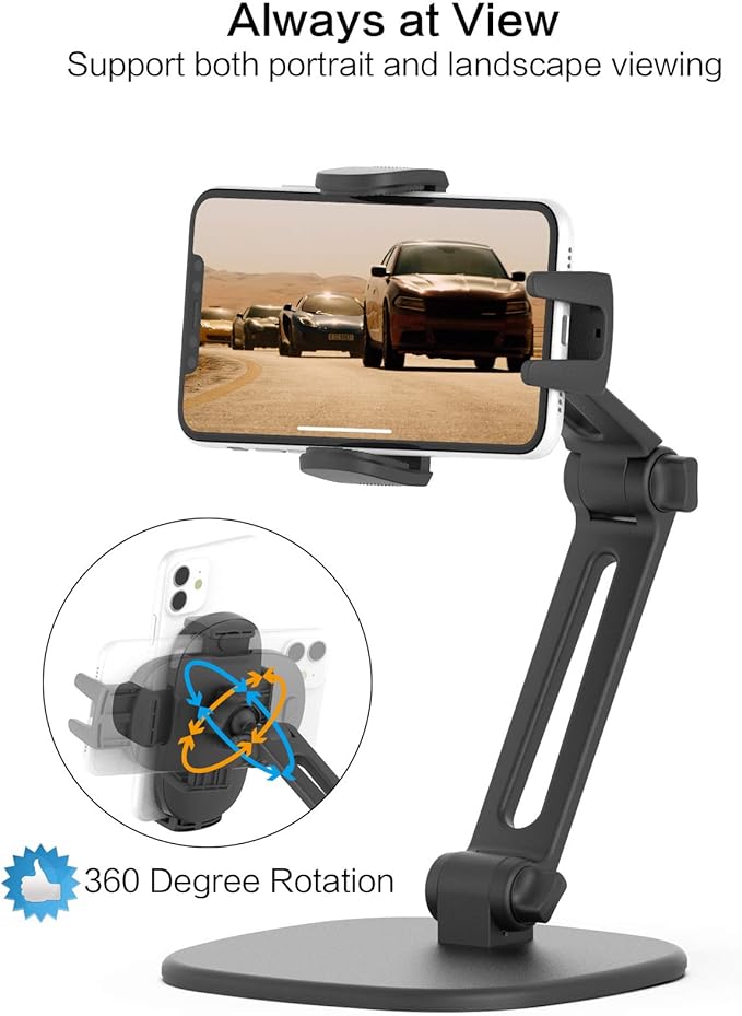 APPS2Car Phone Stand for Desk [No Dropping Stable Triple-Clamp Holder] Adjustable Height 360 Degree Rotation Heavy Base Thick Case Friendly, Multifunctional Cell Phones Stand for iPhone Android Phones