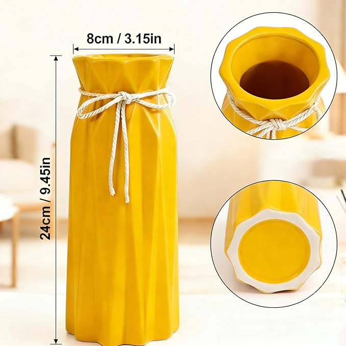 Ceramic Vase for Home Decor Yellow Modern Flower Vase for Pampas Grass Dried Flowers 9.5" H x 3.9" W Vases for Living Room Decorations Porcelain Tulip Vases for Table Kitchen Decor
