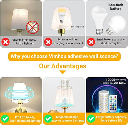 Battery Operated Wall Sconce: Renter Friendly Peel and Stick Adhesive Wall Light Easy to Install, Rechargeable Wireless Wall Lamp for Bedroom Living Room DIY Home Wall Decor