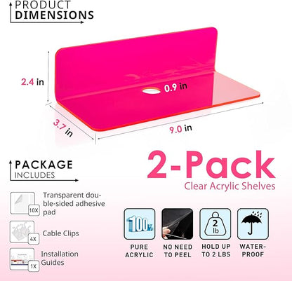 OAPRIRE Acrylic Floating Shelves Set of 2 - Easily Expand Wall Space - Small Wall Shelf with Strong Adhesive for Bedroom, Kids' Room, Bathroom, etc (Fluorescent Pink)