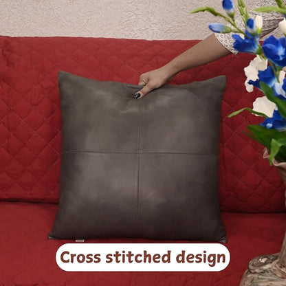 Lambskin Leather Pillow Cover - Sofa Cushion Case - Decorative Throw Covers for Living Room & Bedroom, 18x18 Inches - Grey Antique Plain Pack of 2