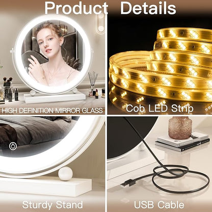 ROLOVE 13 Inch Vanity Mirror with Lights, Round Make Up Mirror with Lighting, LED Mirror Makeup Mirror with Lights for Bedroom Tabletop, Smart Touch Control, 360° Rotation (White)
