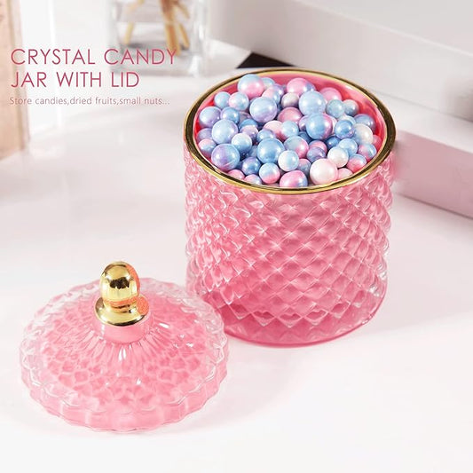 Pink Candy Jar, Glass Candy Dish with Lid, Crystal Apothocary Jars with Lids Jewelry Box with Lids, Decorative Glass Jar Gifts for Women