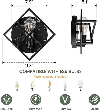 Black Wall Sconces,11.3 in Rustic Wall Sconces Mount Lamp Indoor for Living Room Bedroom Bathroom Stairway(E26 Base, Bulbs Not Include 1Pack) Black Marble Texture
