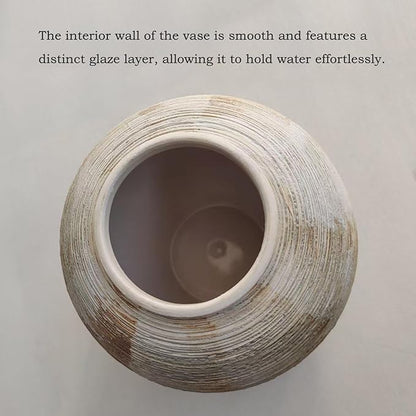 Rustic Ribbed Vase Home Decor - 6.3 in Ceramic Vintage Farmhouse Vases for Decor, Decorative Terracotta Round Bowl vase for Living Room, Table, Shelf, Kichen Decor