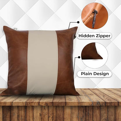 LL LEATHER LOVERS Lambskin Leather Pillow Cover - Sofa Cushion Case - Decorative Throw Covers for Living Room & Bedroom, 18x18 Inches - Tan & Off-White Pack of 1