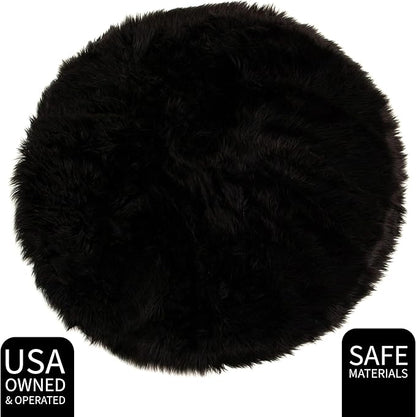 Super Area Rugs Ultra Soft & Fluffy Faux Sheepskin Rug, Black 3 x 3 Feet Round Carpet for Bedroom Living Room