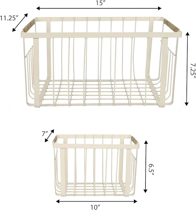 happimess BSK3003C-3SET Henley Vintage Farmhouse Wire Metal Nesting Storage Baskets with Jute Wrapped Handles for Shelves, Cabinets, Pantry, Countertop, Mesh Open Bin Basket, Almond (Set of 3)