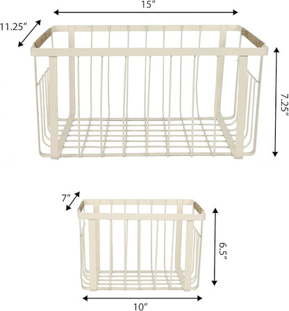 happimess BSK3003C-3SET Henley Vintage Farmhouse Wire Metal Nesting Storage Baskets with Jute Wrapped Handles for Shelves, Cabinets, Pantry, Countertop, Mesh Open Bin Basket, Almond (Set of 3)