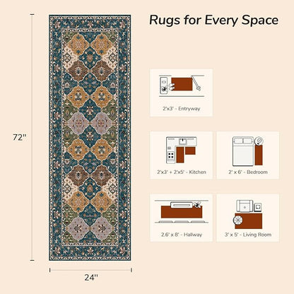 Lessymo Washable Hallway Runner Rug 2x6, Moroccan Faux Wool Runner Rugs Non Slip for Kitchen Entryway Laundry Room Bedroom, Low Pile Multicolor Oriental Rug, Kid & Pet Friendly, Olive Green and Gold