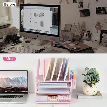 Desk Organizers and Accessories with Drawer, File Organizer with 5 Vertical File Holders and Pen Holders, Office Desk Accessories Workspace Desktop Organizers for Office Supplies (Pink)
