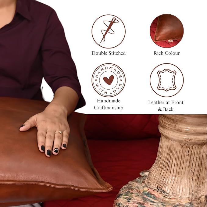Lambskin Leather Pillow Cover - Sofa Cushion Case - Decorative Throw Covers for Living Room & Bedroom, 22x22 Inches - Dark Tan Box Pack of 1