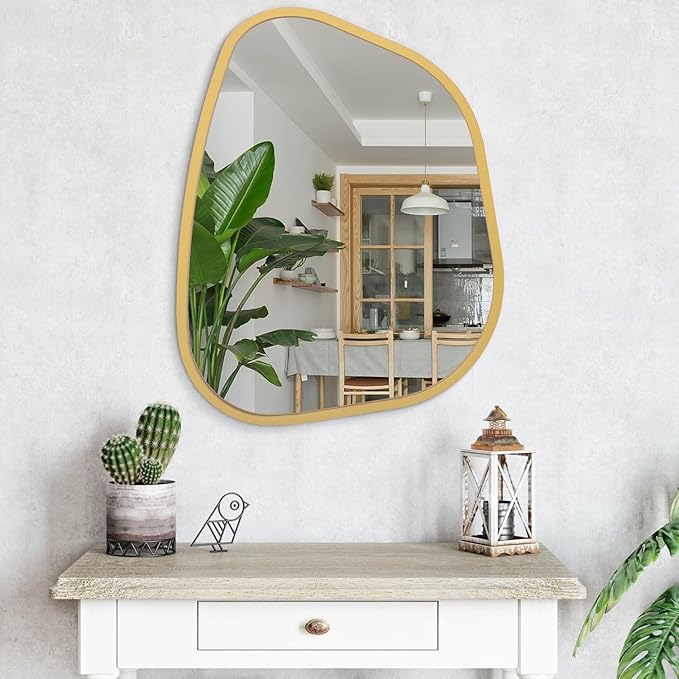 Large Asymmetrical Wall Mirror Irregular Wood Frame Modern Unique Wall-Mounted Artistic Wavy Mirror Decor Bathroom Vanity Bedroom Living Room Entryway Hallway 26"x18"