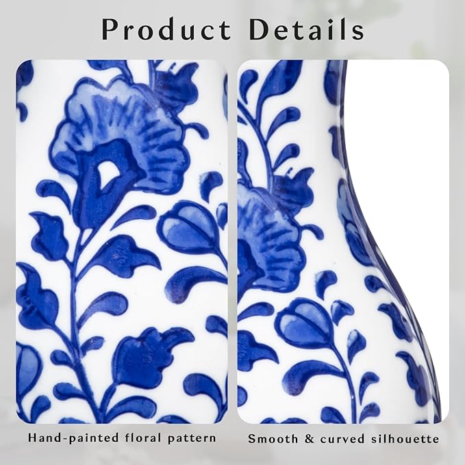 Small Blue and White Vase, 2-Pack 6 Inch Bud Ceramic Flower Vase, Retro Chinoiserie Vases for Fresh Dried Silk Flower Decor Side Table Living Room Bookshelf Antique Grand Millennial - Floral Glazed