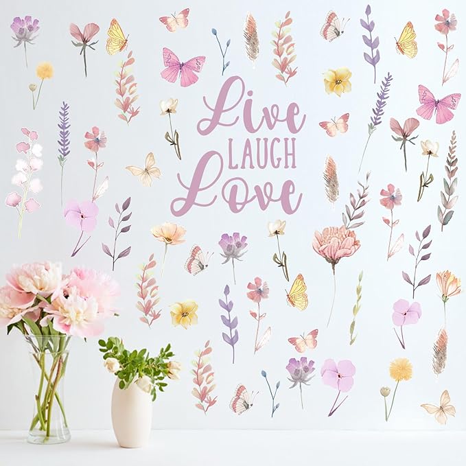 Mfault Watercolor Floral Wall Decals Stickers, Live Laugh Love Flower Butterfly Botanical Decorations Bedroom Art, Spring Summer Wildflower Natural Home Living Room Kitchen Decor
