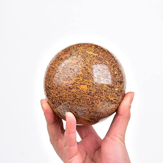JIC Gem Real Natural Crystal Sphere Ball with Wooden Stand for Fengshui Golden Jade Healing Crystal Ball Decoation Meditation Energy Reiki Ball (90-100mm)