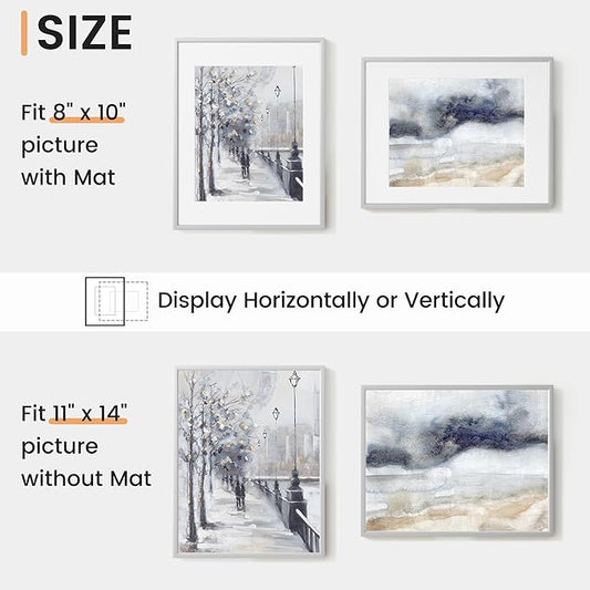 11x14 inch Metal Picture Frame - 11 x 14 Thin Aluminum Photo Frames with 8x10 Removable Mat - High Definition Plexiglass - Vertical and Horizontal Display - Wall Hook Hanging Hardware Included - Silver, Set of 4