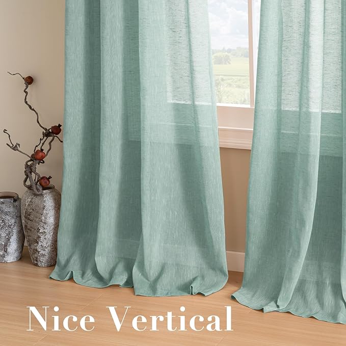 H.VERSAILTEX Linen Curtains Nickel Grommet Natural Linen Semi-Sheer Curtains 2 Panels Privacy Added Premium Soft Rich Material Drapes for Bedroom/Livingroom - 52x63 - Inch - Sea Mist