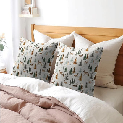 Watercolor Deer Spring Pillow Covers 20x20 Set of 2 Forest Tree Throw Pillow Covers Rustic Pillowcase Linen Decoration Farmhouse Soft Decorative Green Brown Cushion Case Couch for Indoor Home Decor