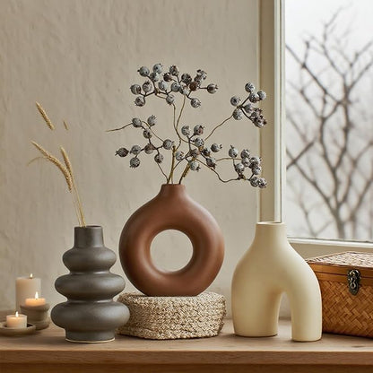 Ceramic Farmhouse Vase Set of 3, Rustic Centerpiece Vases for Fresh Dried Flowers Pampas Grass Bouquets, Boho Home Decor for Living Room Kitchen Entryway Table Mantel, Wedding Decor