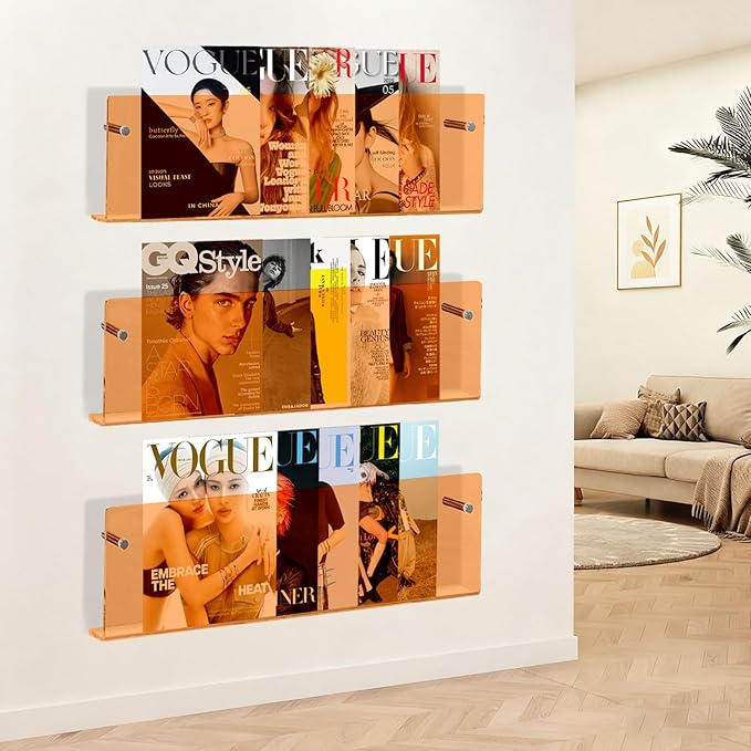 2 Pack Acrylic Magazine Holder, Wall Mounted Magazine Rack Floating Bookshelf for Waiting Room, Living Room, Office, Home (Orange, 24 Inch)