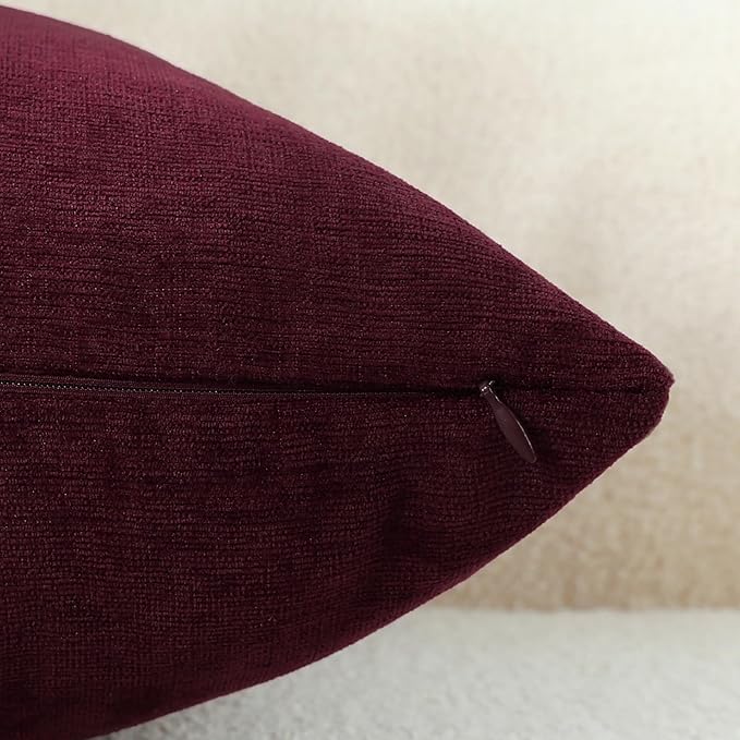 Burgundy Red Chenille Decorative Couch Throw Pillow Covers, Soft Cushion Cases for Home Livingroom Sofa Décor, Pack of 1, 24 x 24 Inches